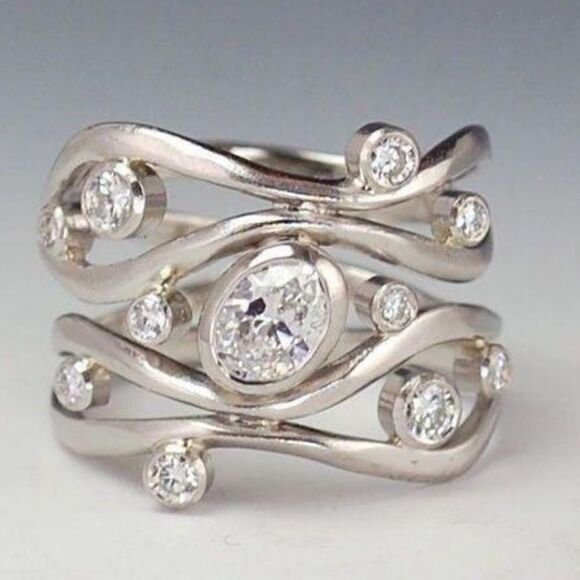 Rhinestone Cluster Swirls Silver Ring - Picture 1 of 7